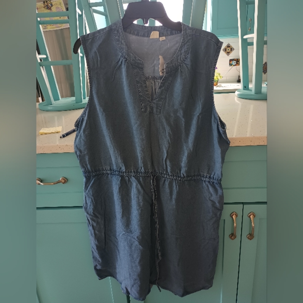 Denim dress with adjustable drawstring waist, with 2 pockets
